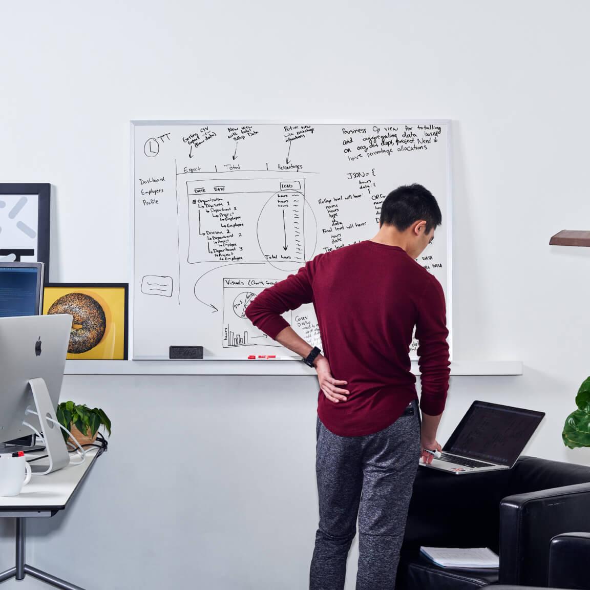 portrait of person at laptop in front of whiteboard on office wall portrait of person at laptop in front of whiteboard on office wall